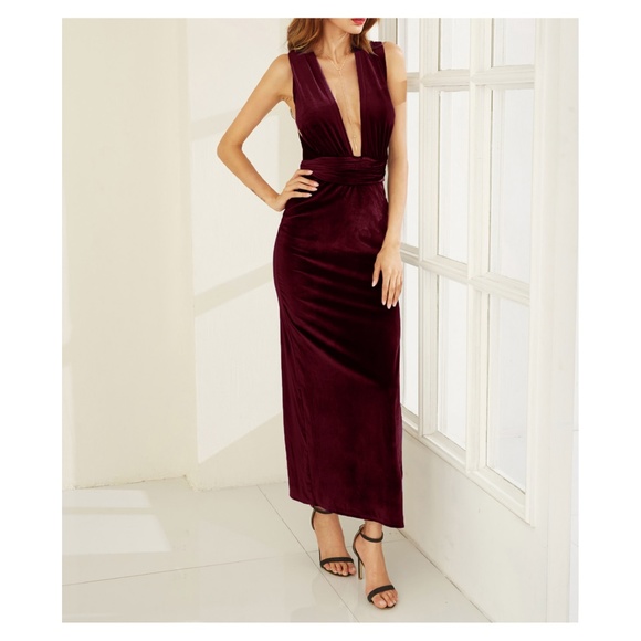 MBM Unlimited Dresses & Skirts - Burgundy Red Slit Convertible Maxi Velvet Dress